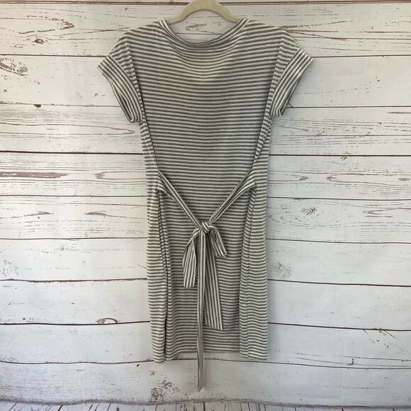 Merokeety S Grey Stripe Tie Waist Pocket Sheath Belted Mini Crew Tshirt Dress - Picture 4 of 7